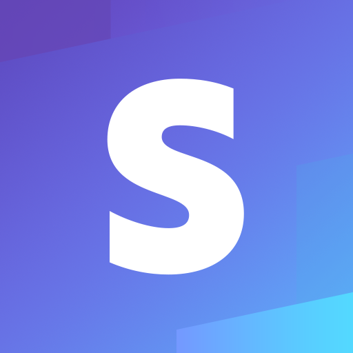 Plain white block letter S on blue and purple toned background logo for Stripe